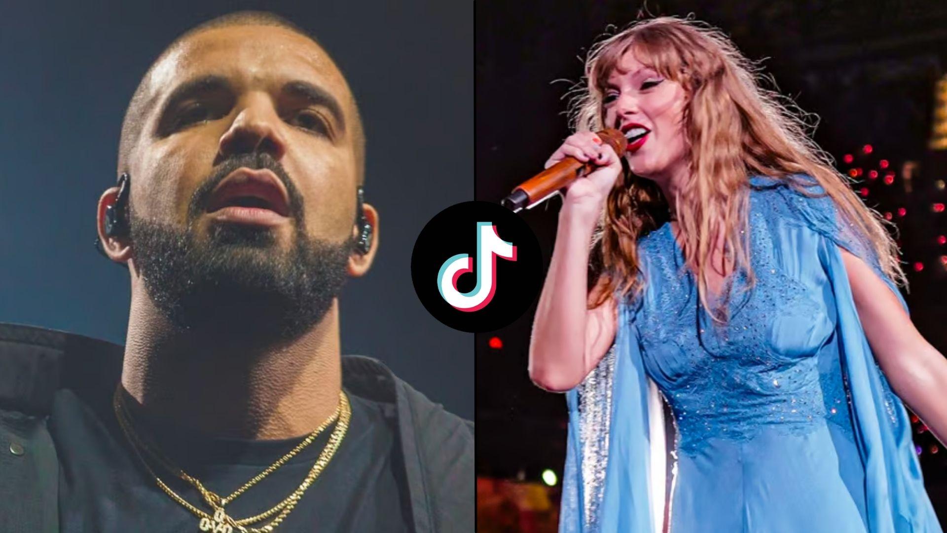 Taylor Swift and Drake side-by-side next to TikTok logo