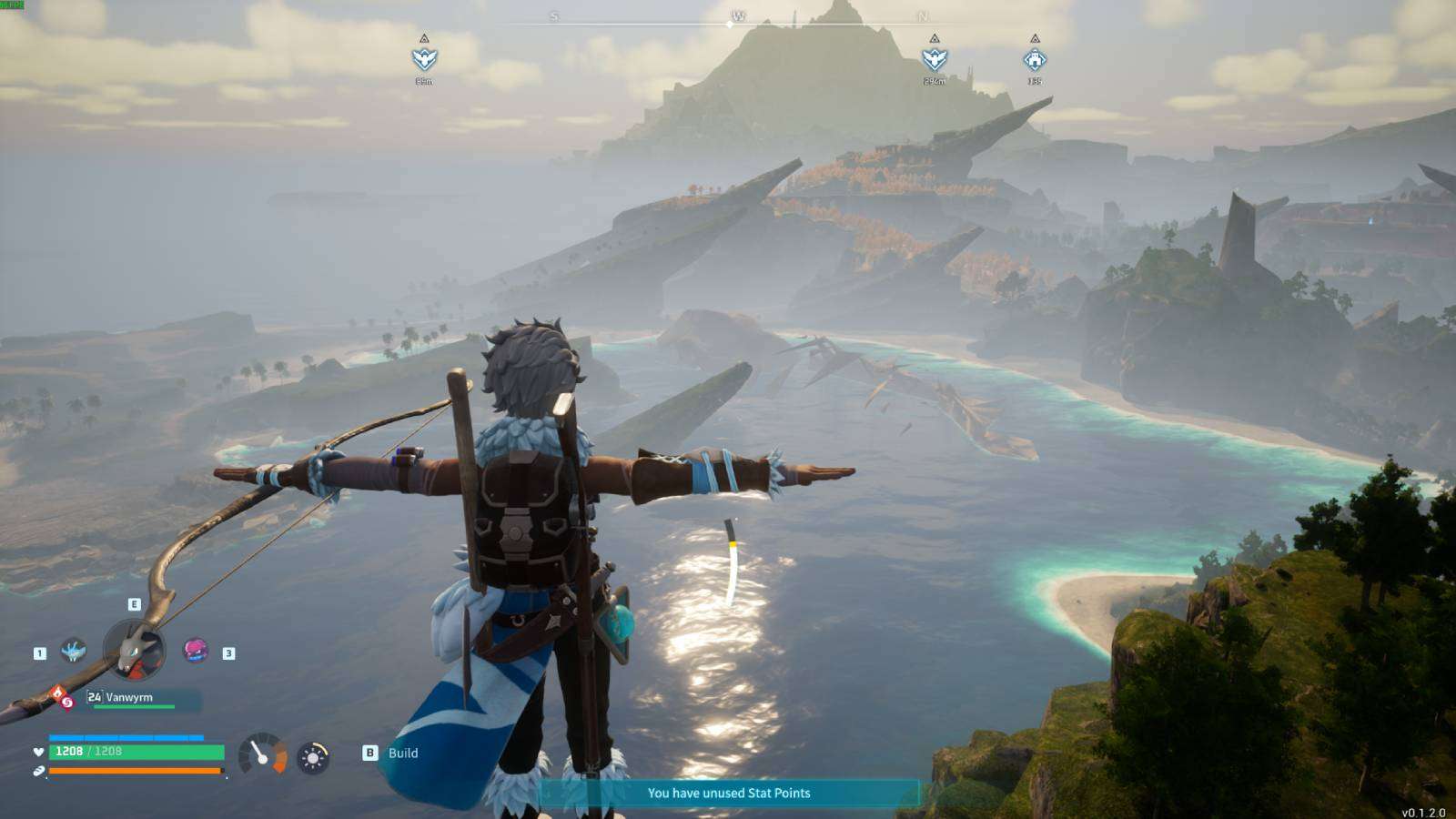 Palworld player t-pose gliding over lake