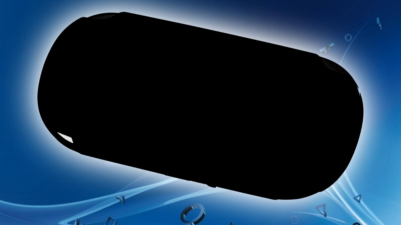PlayStation Vita silhouette with outer glow on PlayStation Blue background wiith controller symbols