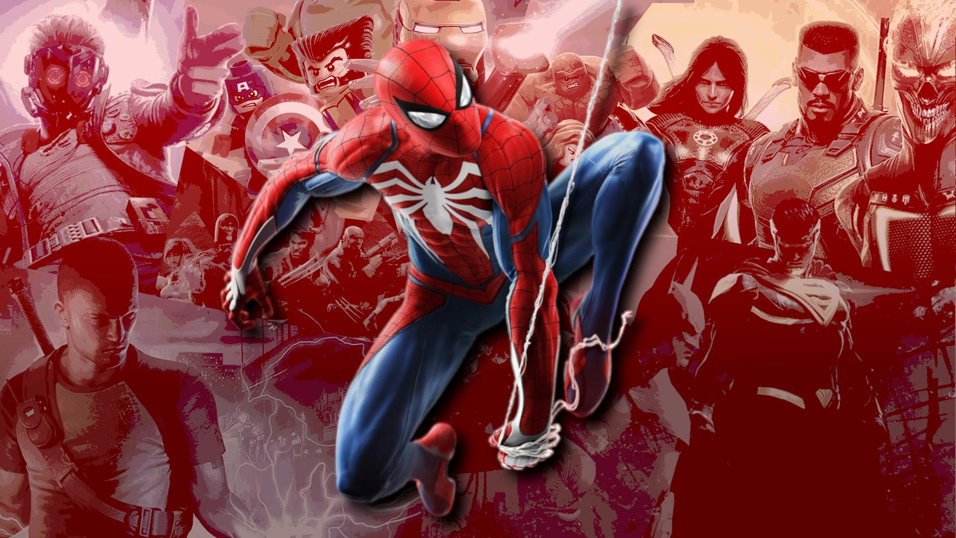 Spider-Man swings over a field off superheroes.