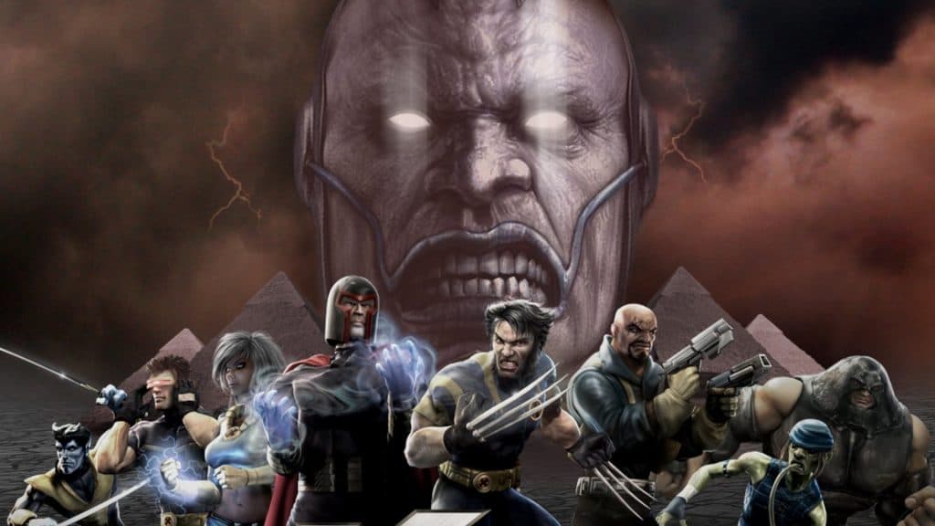 A group of X-Men and the Brotherhood of Evil Mutants stand in front of a grimacing Apocalypse.