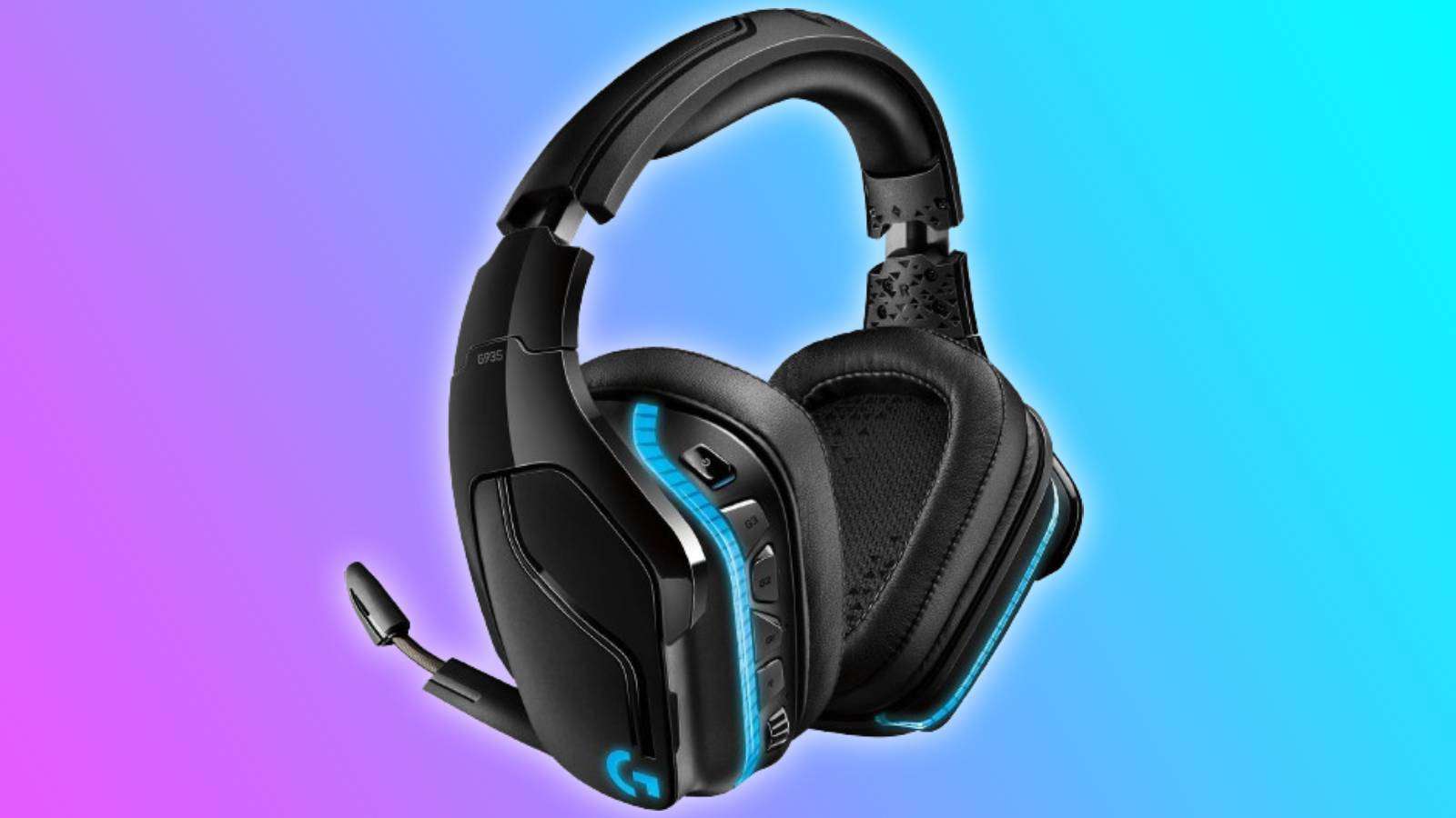 Image of the Logitech G935 wireless gaming headset on a purple and blue background.