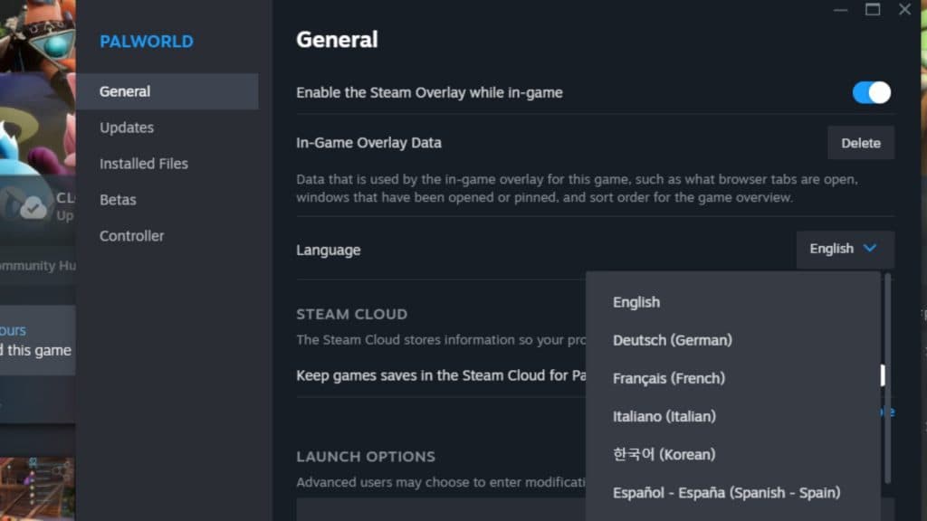 A screenshot featuring language settings for Palworld on Steam.