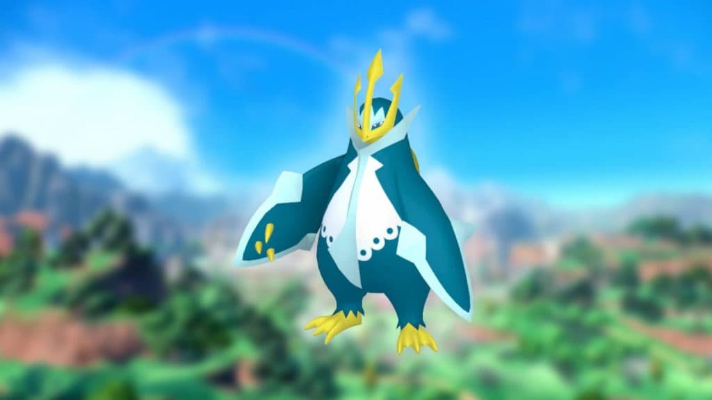 The Pokemon Empoleon is featured, a large intimidating Penguin with steel fins