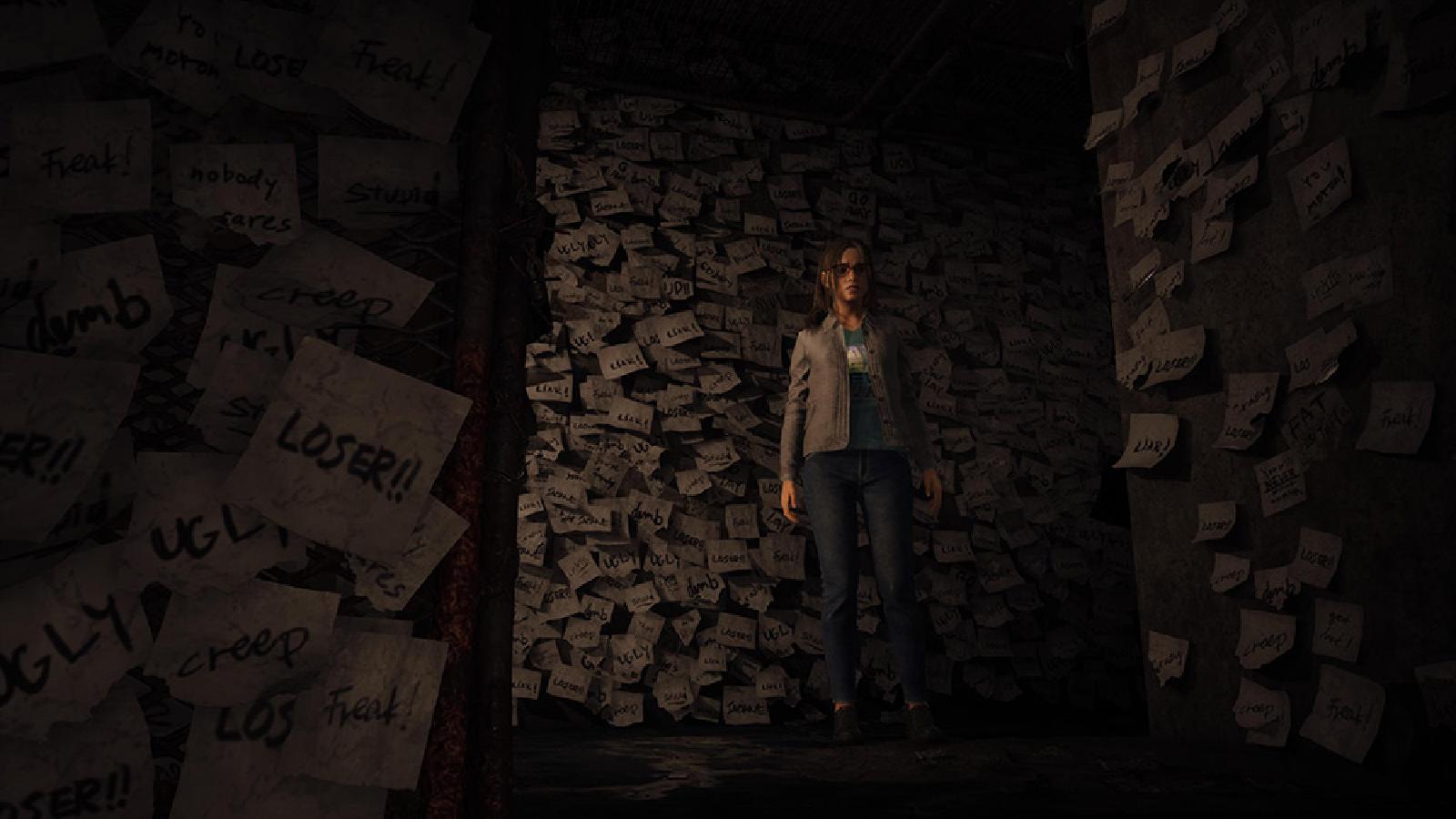 A girl stands in a corridor of notes in Silent Hill: The Short