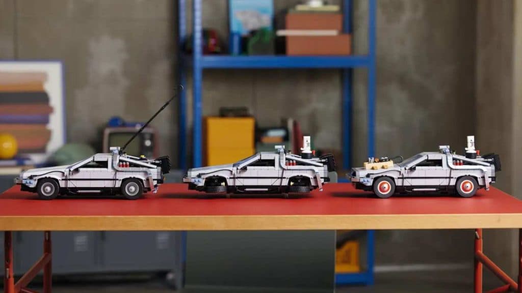 The three versions you can choose to build in the LEGO Icons Back to the Future Time Machine movie car