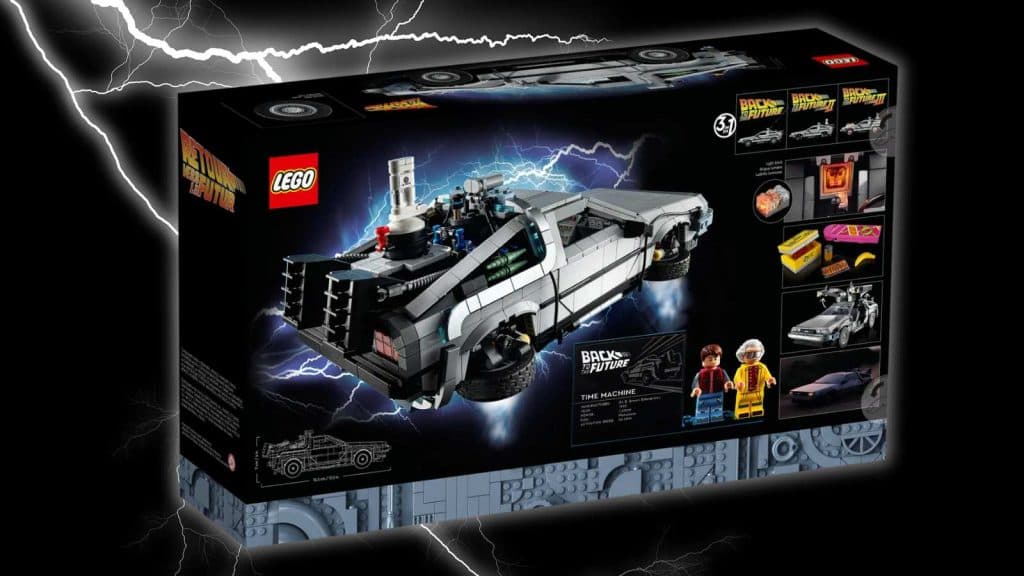 The LEGO Icons Back to the Future Time Machine set on a black background with a lightning graphic