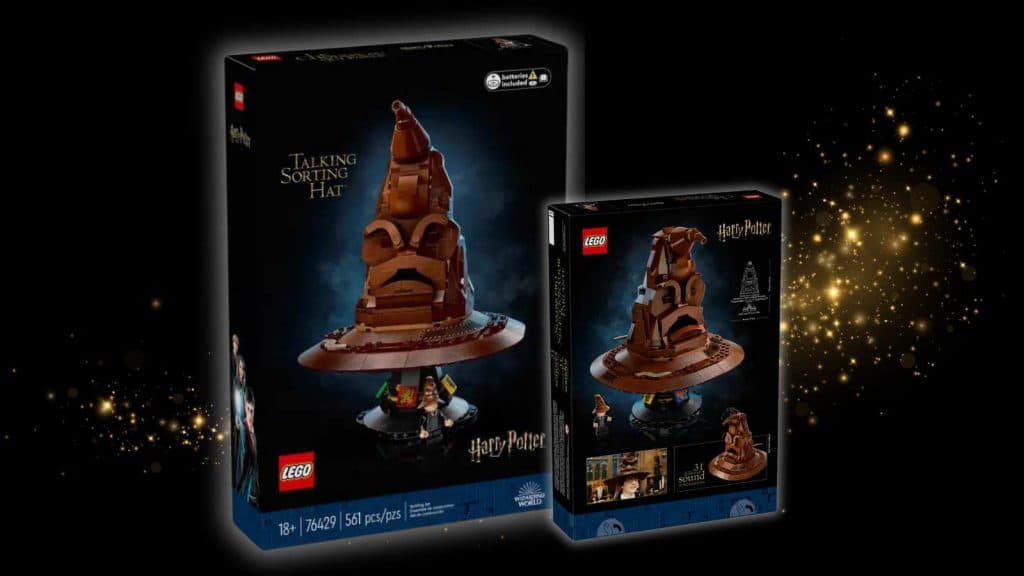 The LEGO Harry Potter Sorting Hat set on a black background with a "magic" graphic.