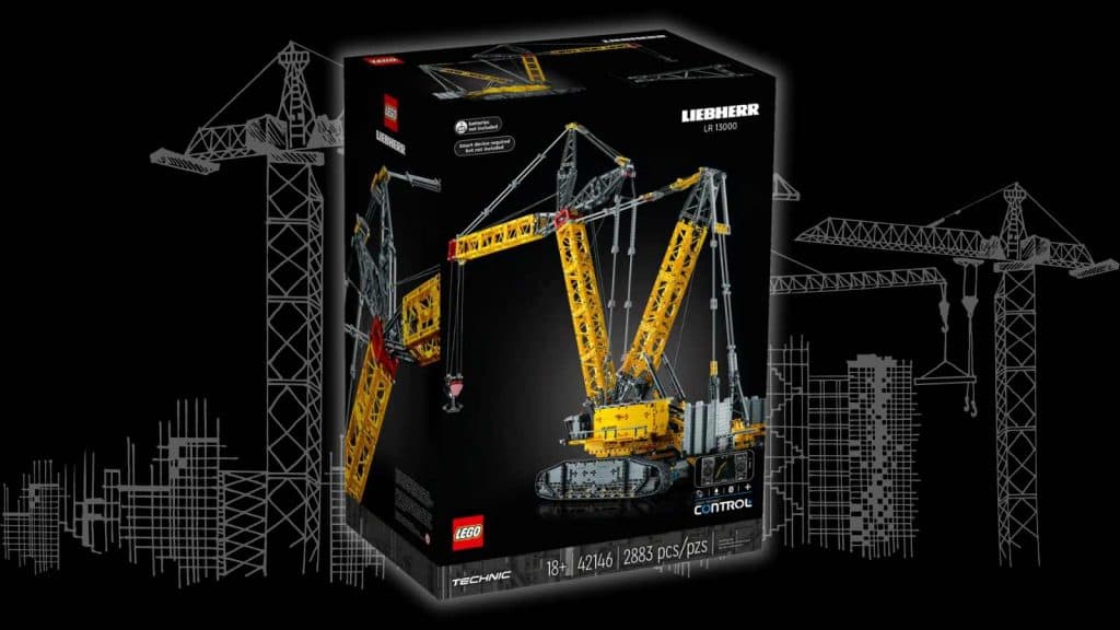 The LEGO Technic Liebherr Crawler Crane on a black background with a construction graphic
