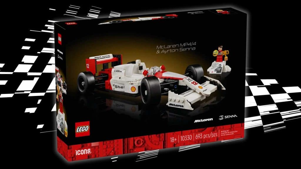 The LEGO Icons McLaren MP4/4 & Ayrton Senna set displayed on a black background with a racing-flag graphic