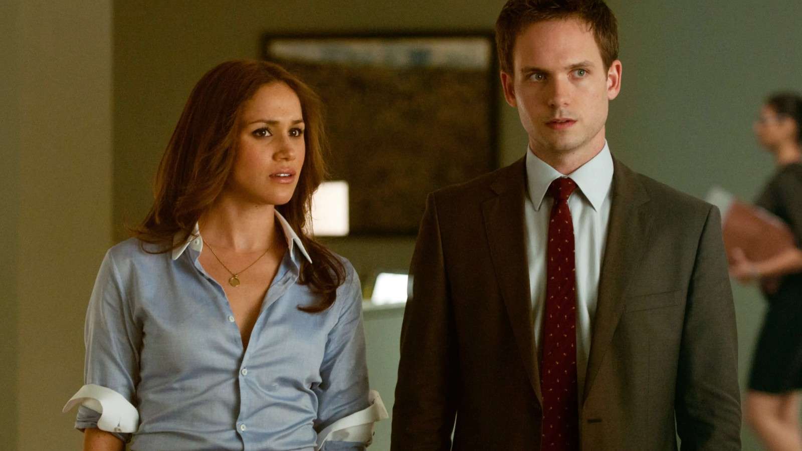Meghan Markle and Patrick J Adams in the Suits office.