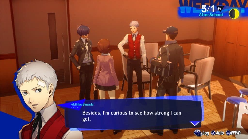 An image of Persona 3 Reload gameplay featuring the main cast of characters talking.