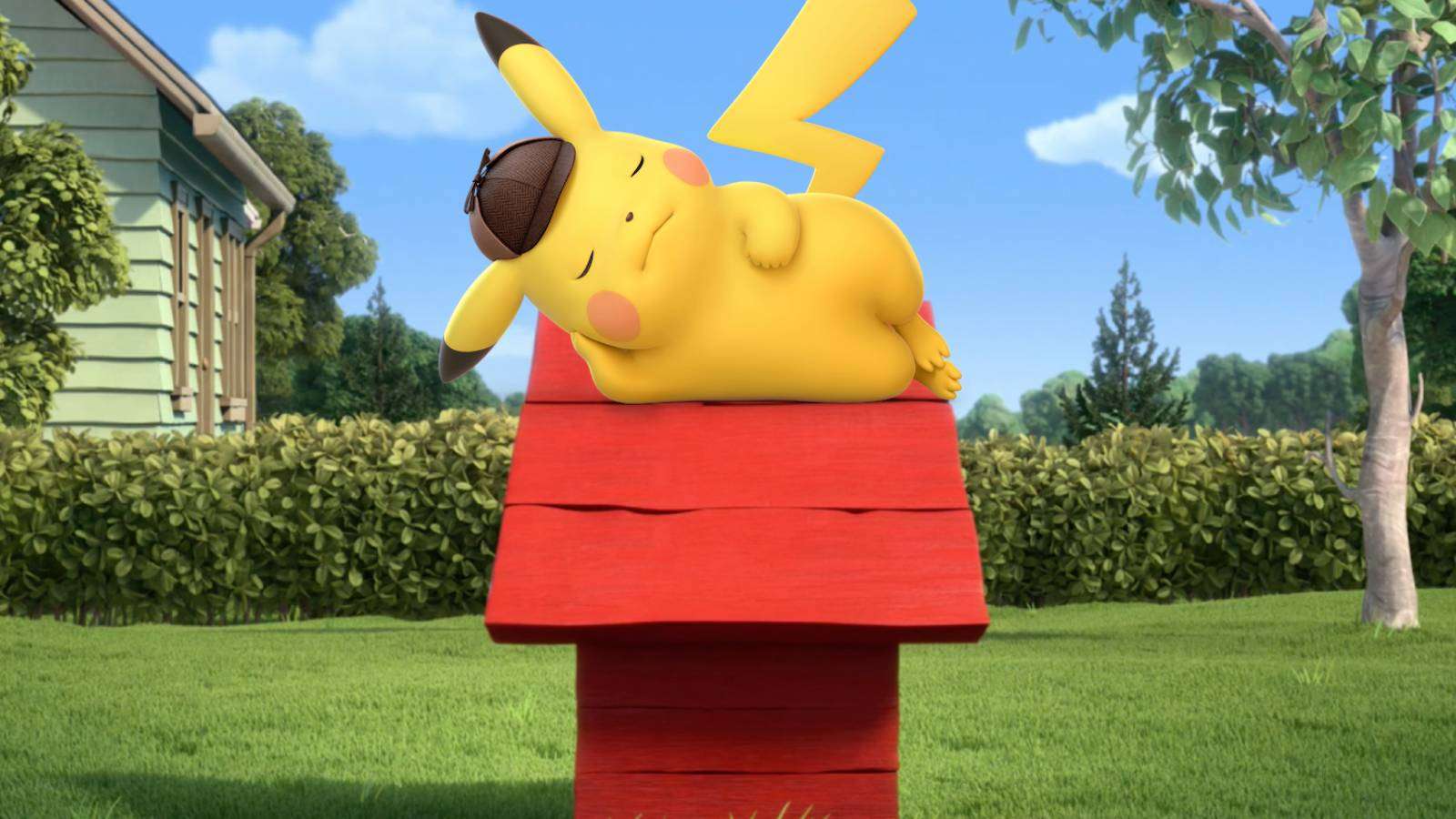 Pikachu sleeps on a red dog house, similar to the one used by Snoopy