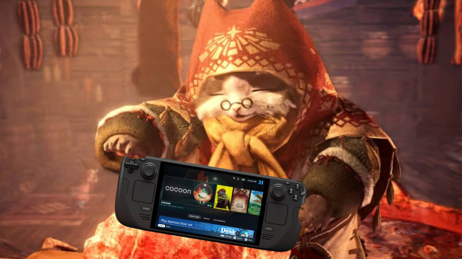 An image of a Palico from Monster Hunter World holding a Steam Deck.