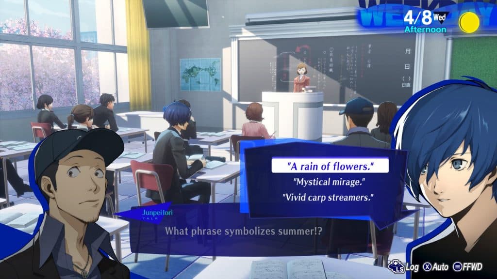 An image of Persona 3 Reload gameplay featuring the protagonsit and Junpei having a conversation.