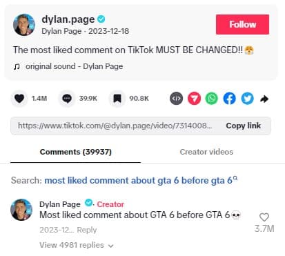 Dylan Page TikTok most-liked comment.
