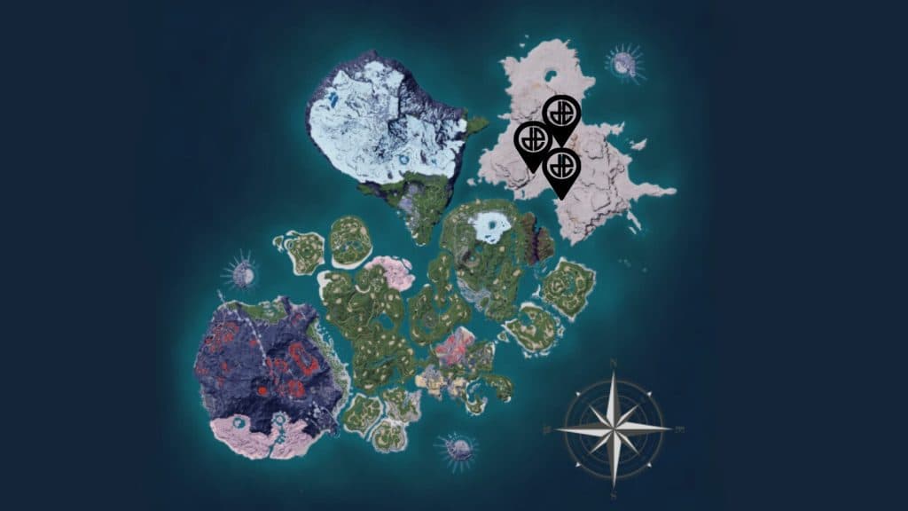Palworld map with the location of Robinquill Terra marked by pins