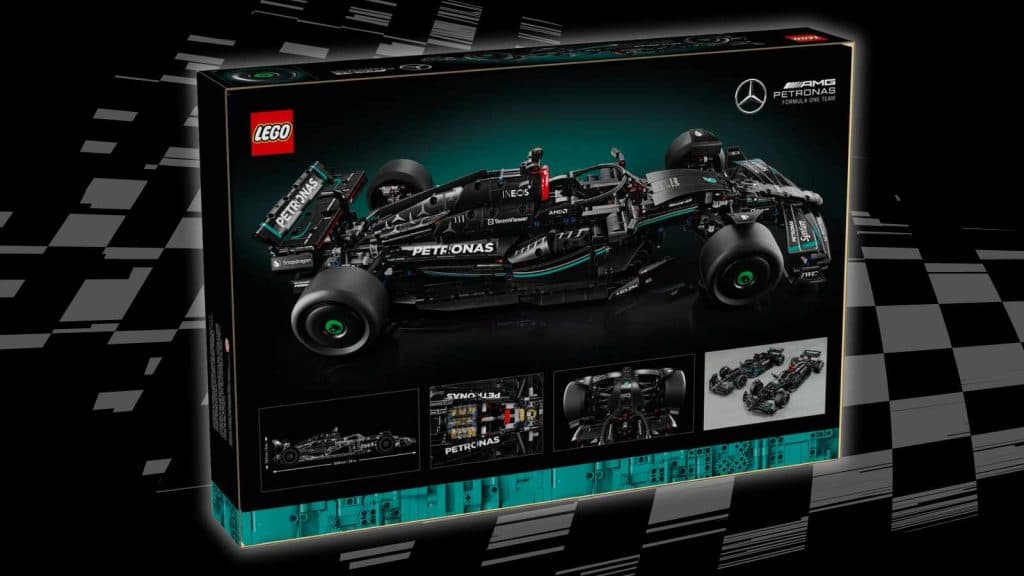 The LEGO Technic Mercedes-AMG F1 W14 race car on a black background with a racing-flag graphic
