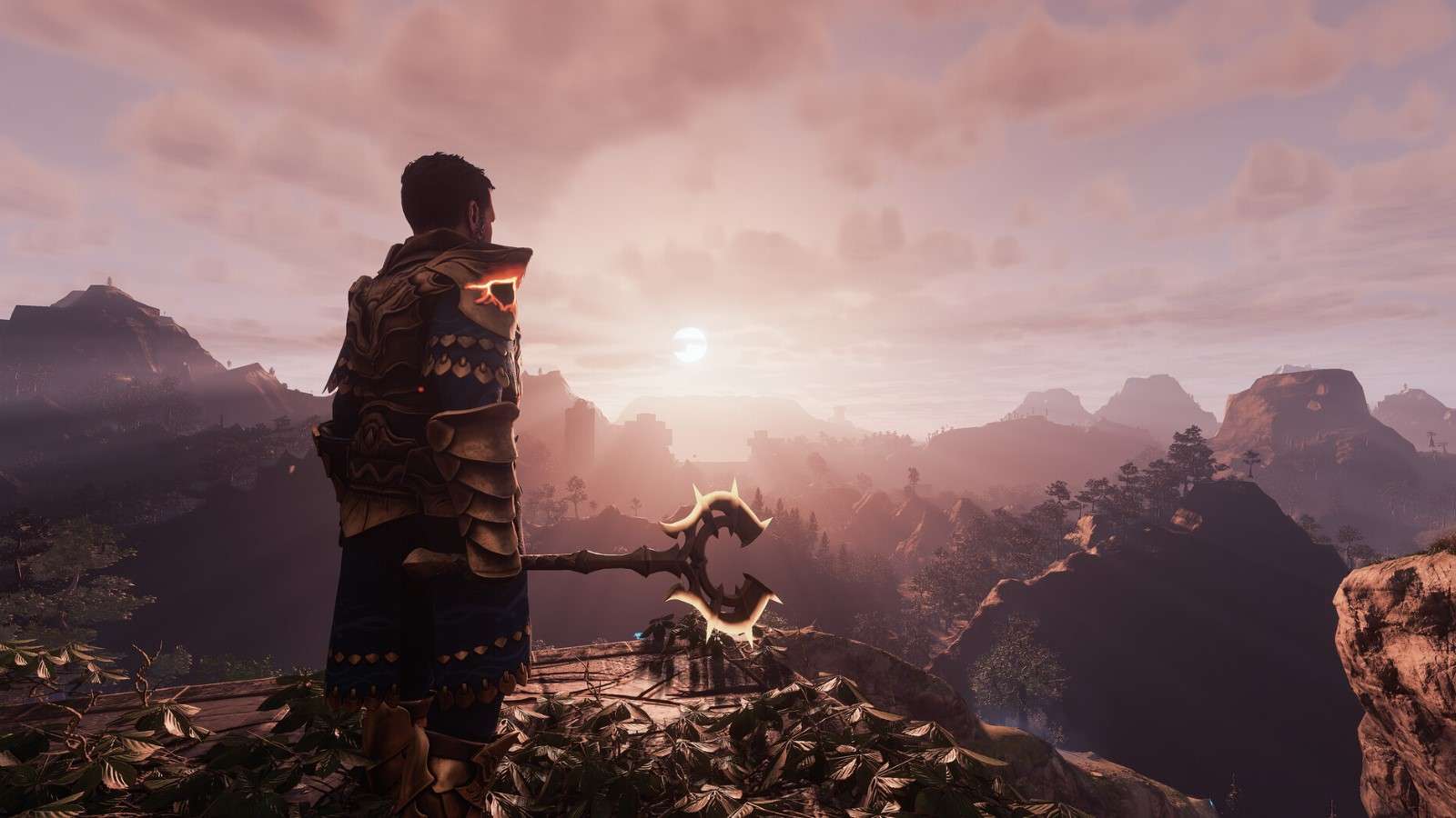 A player stands before a sunrise in Enshrouded