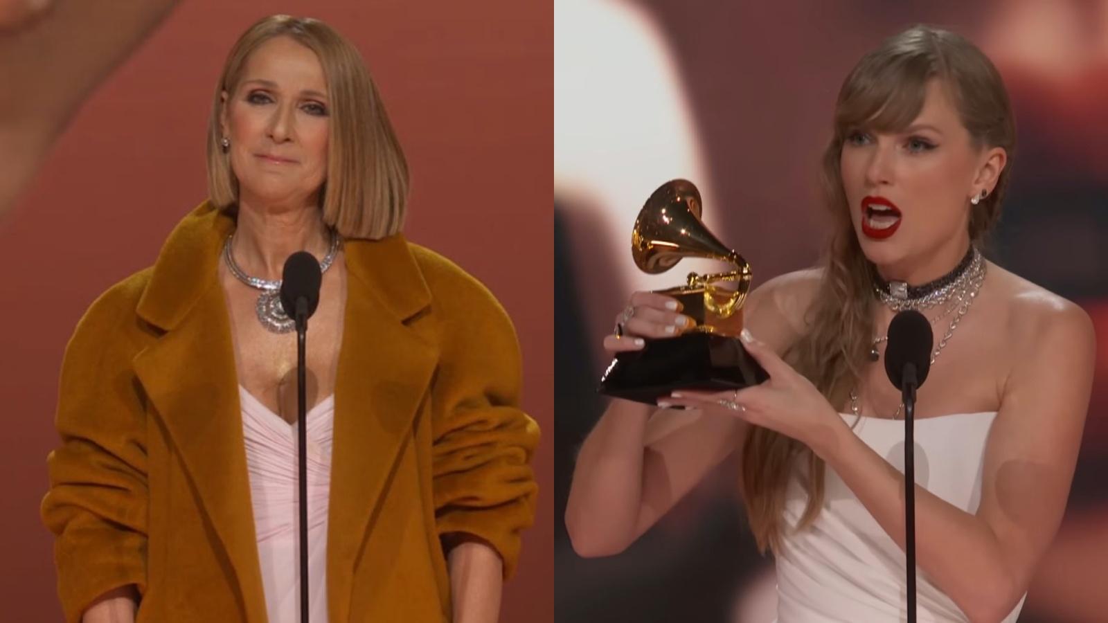 Celine Dion and Taylor Swift in a side-by-side photo during 2024 Grammys
