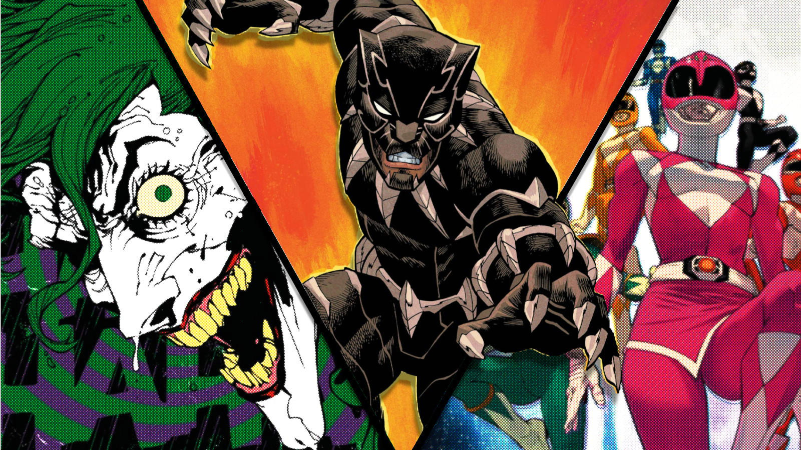 Joker, Black Panther, and Power Rangers key art.