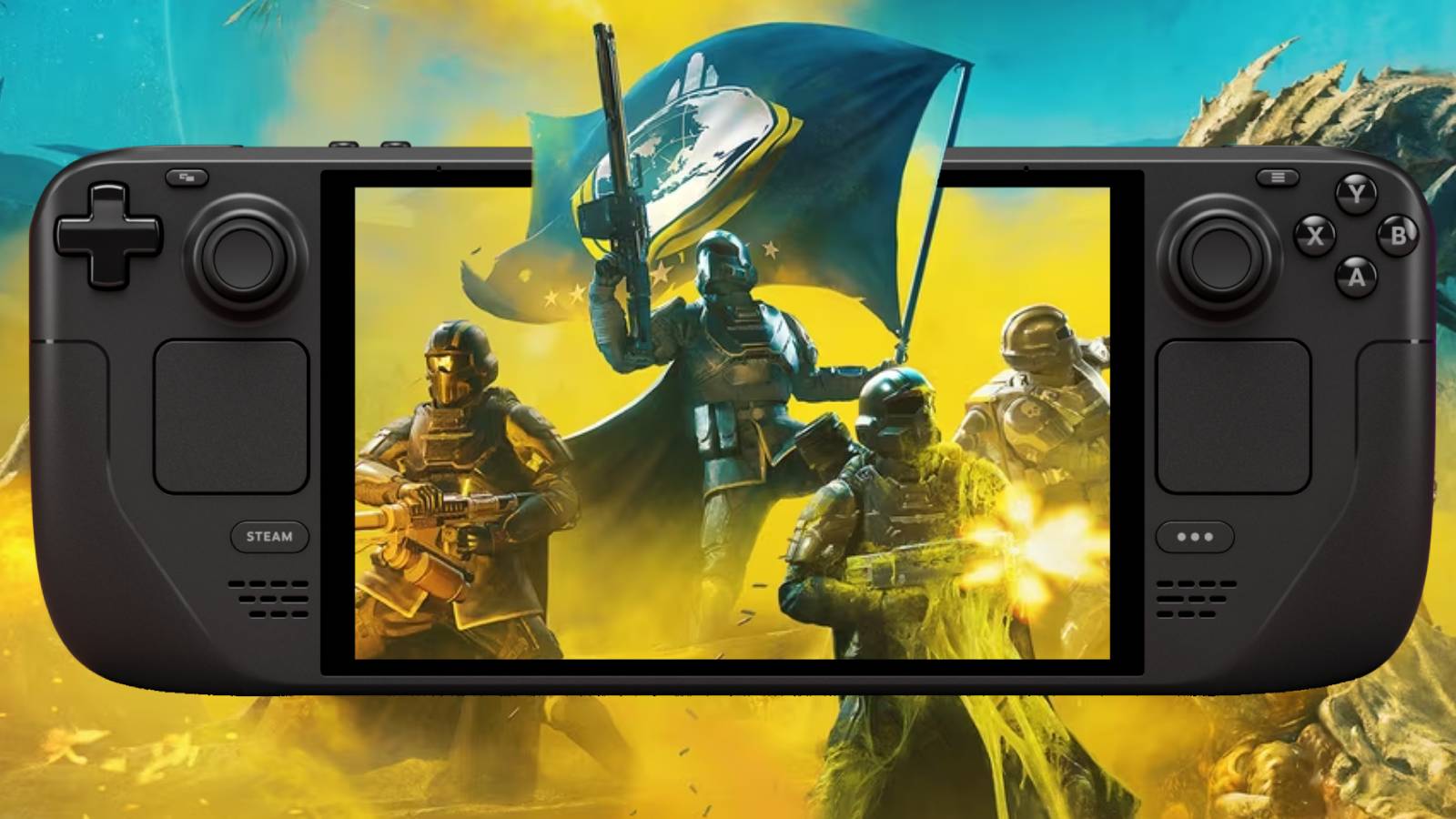 Key-art from Helldivers 2 on the screen of a Steam Deck OLED.