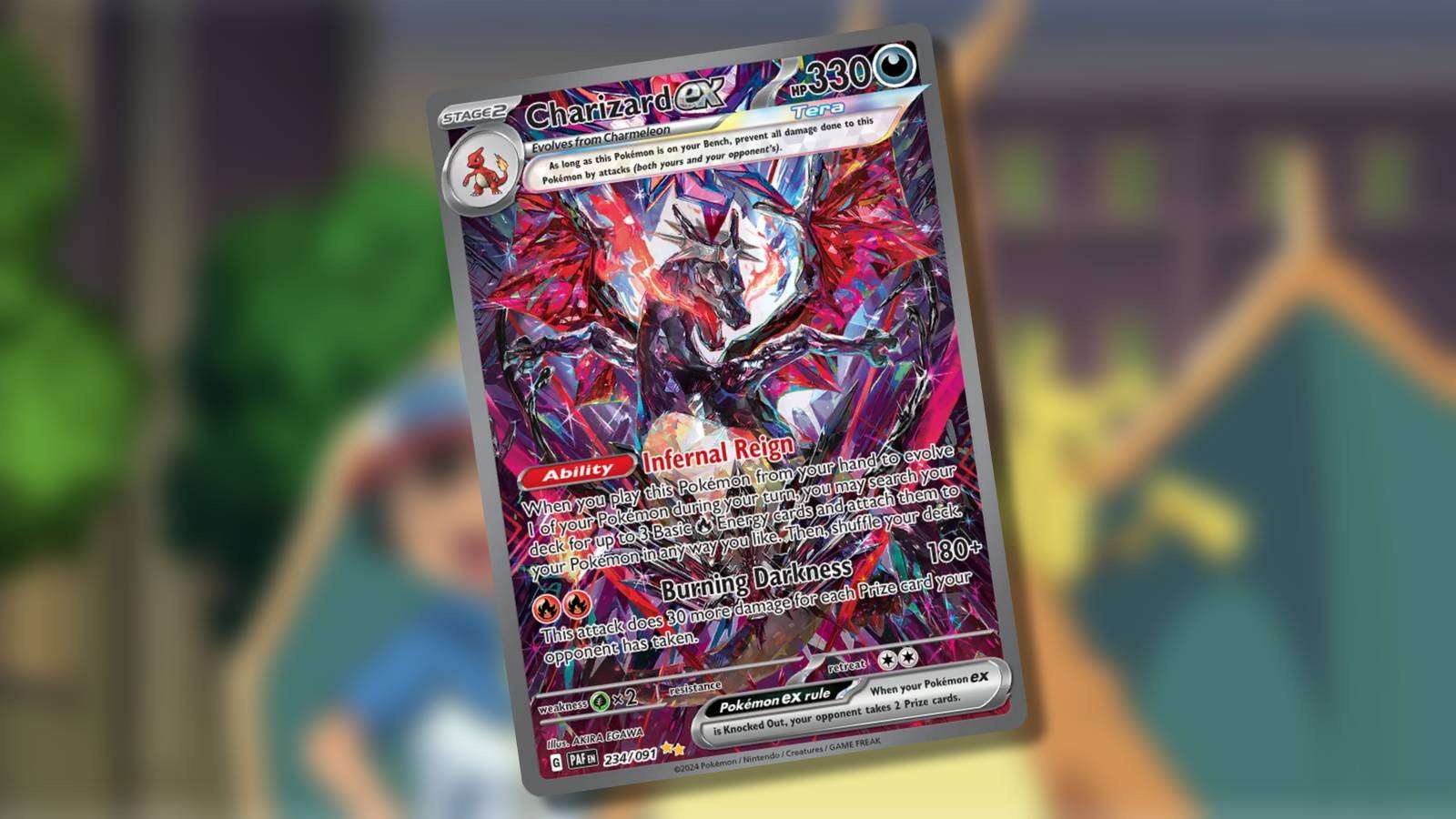 The Pokemon TCG Paldean Fates Full Illustrated Rare Shiny Charizard is visible against a blurred background