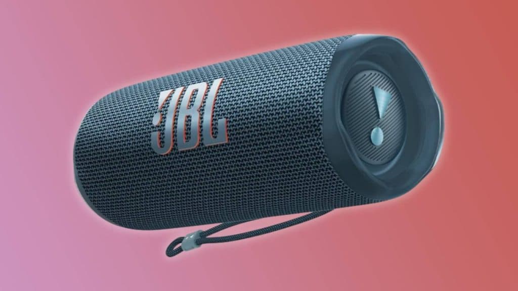 Image of the JBL Flip 6 - Portable Bluetooth Speaker on a pink background.