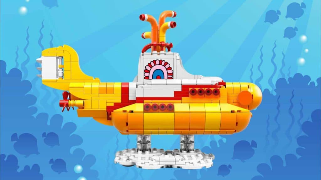 The LEGO Ideas Yellow Submarine on an ocean background