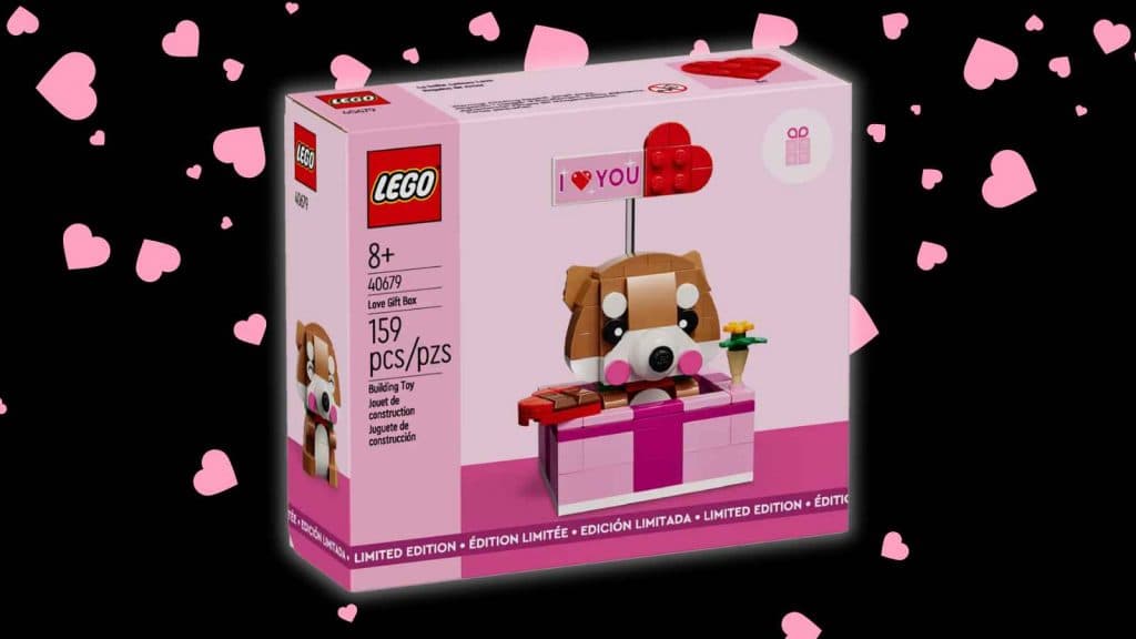 The LEGO Love Gift Box on a black background with heart graphics