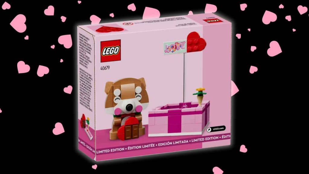 The LEGO Love Gift Box on a black background with heart graphics