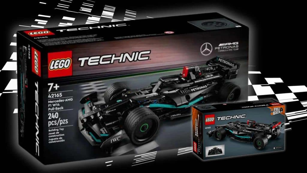 The LEGO Technic Mercedes-AMG F1 Pull-Back set on a black background with a racing flag graphic