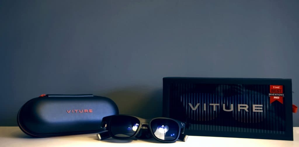 Image of the Viture One XR glasses, with a grey background.