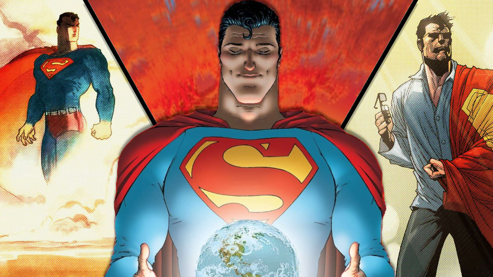 Superman For All Seasons, All Star Superman and Superman: Birthright key art.