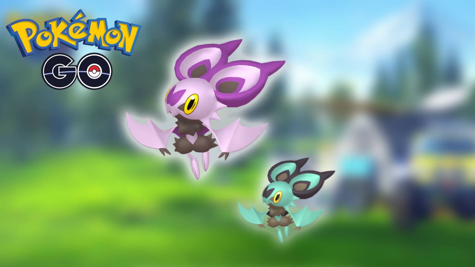 The Pokemon Noibat appears against a blurred background