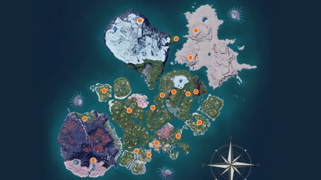 A map of the locations of all Skill Fruit Trees in Palworld.