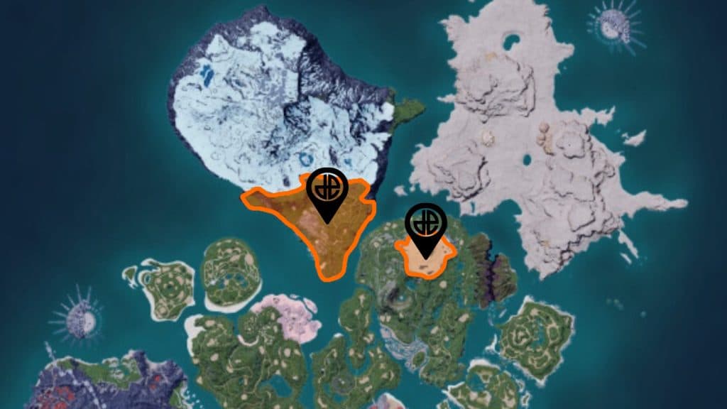 A map showing all of the locations where Reindrix can be found in Palworld.