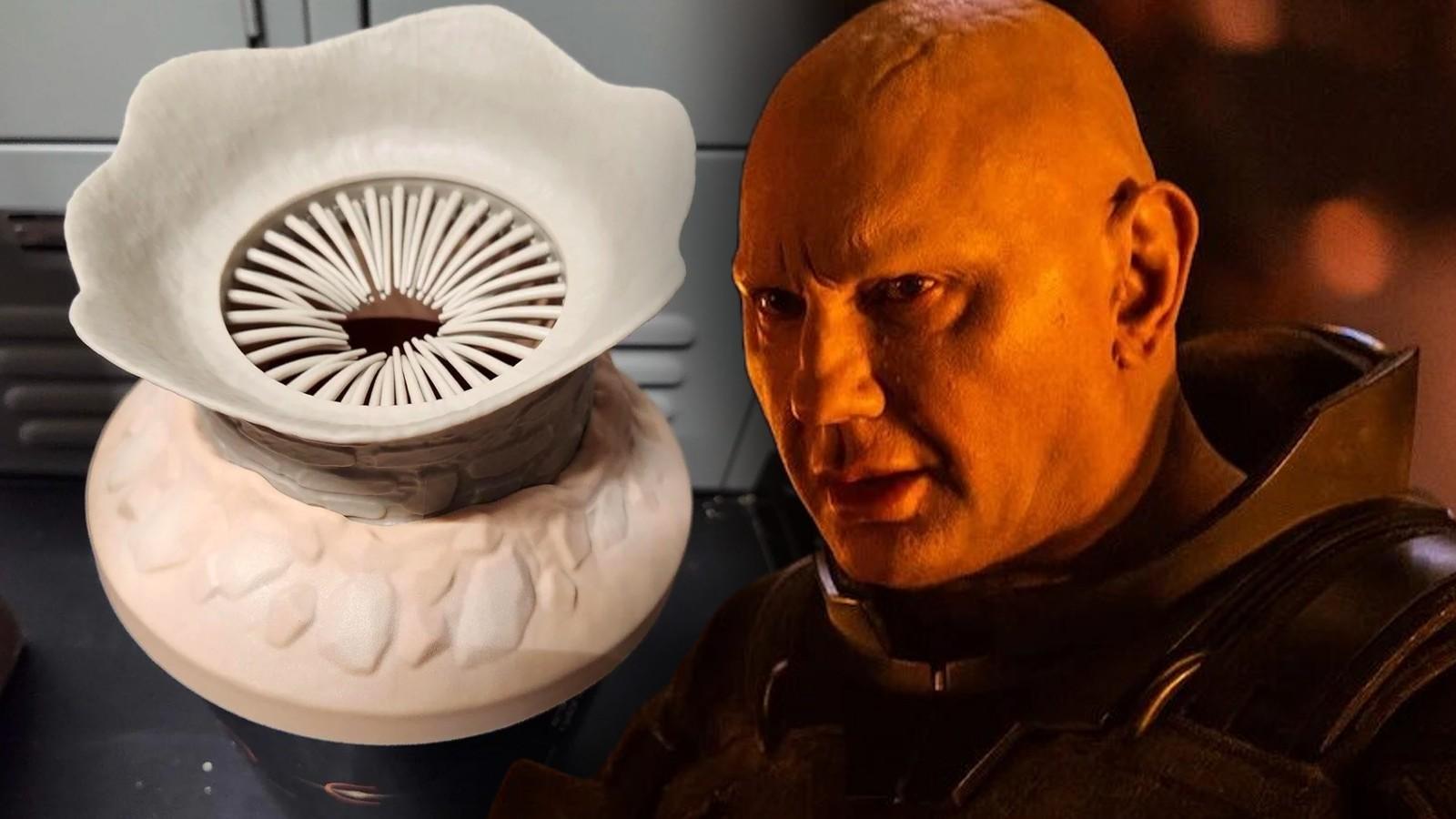 Dave Bautista in Dune 2 and the sandworm popcorn bucket