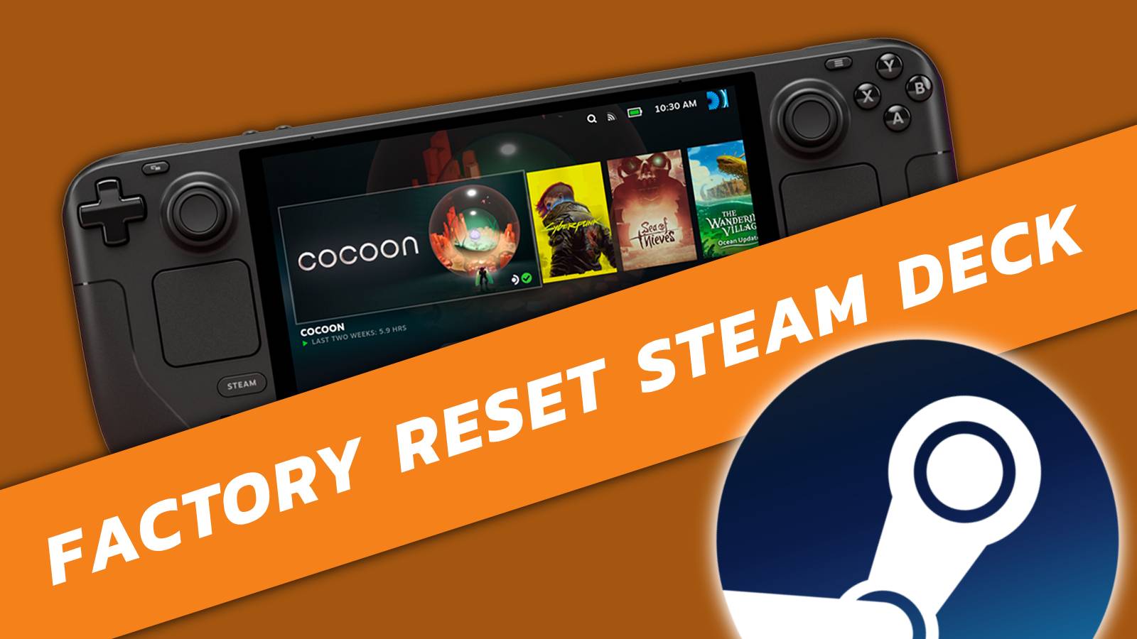 An image of the Steam Deck with an orange banner across it, and the Steam logo in the bottom right corner.