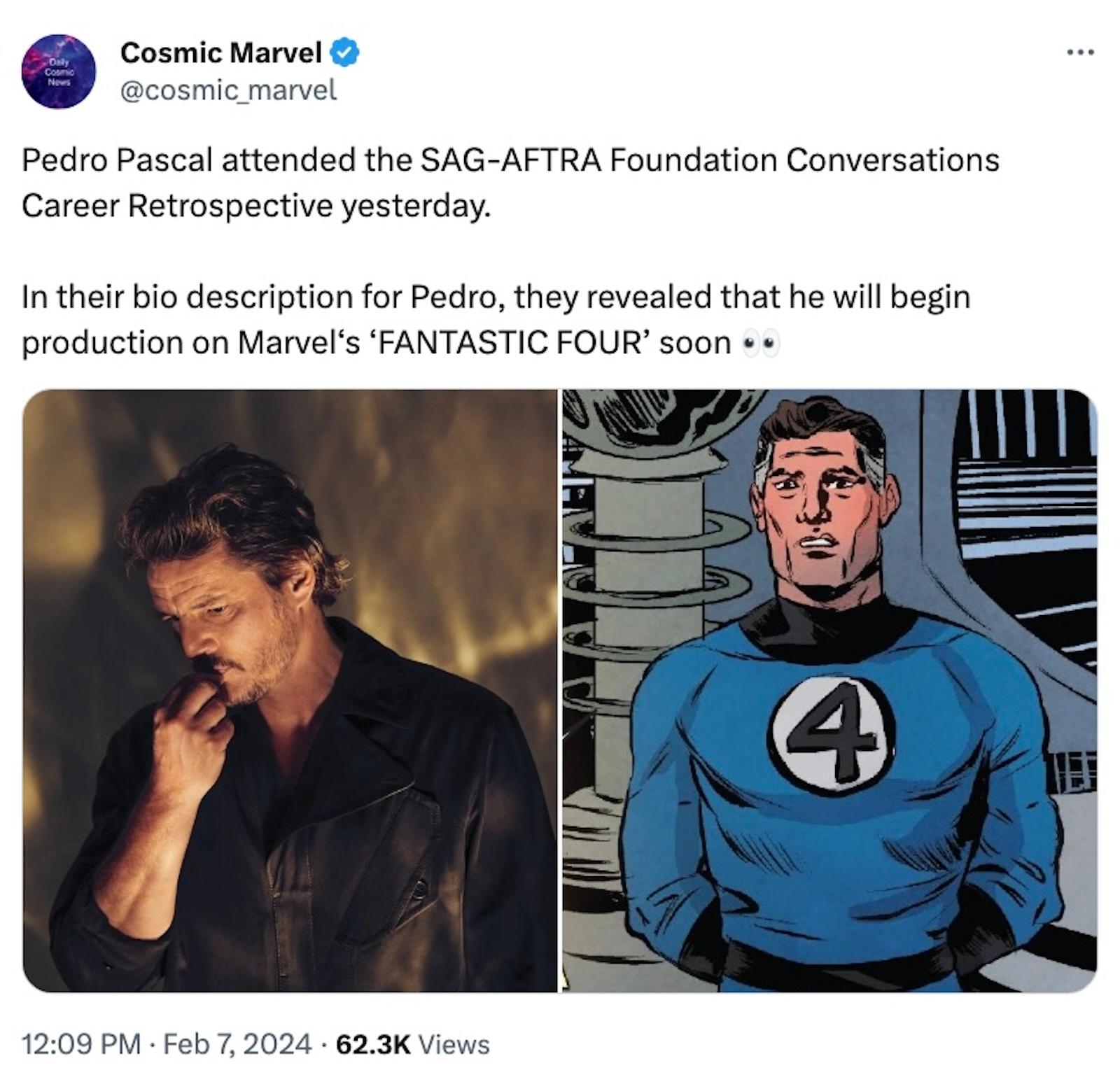 Tweet about Pedro Pascal being cast in the MCU's Fantastic Four movie