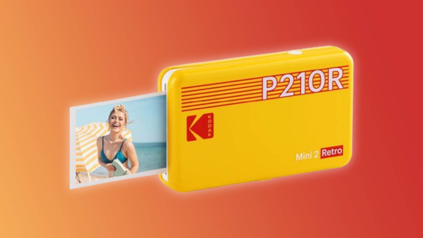 Image of the KODAK Mini 2 Retro 4PASS Portable Photo Printer on an orange and yellow background.