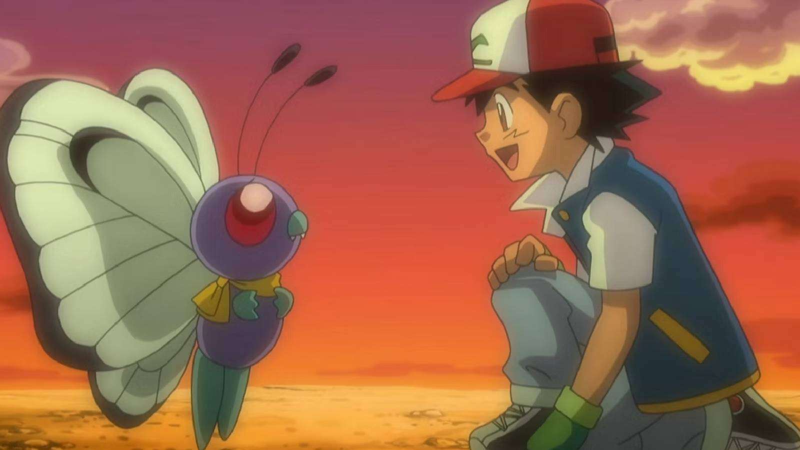 A screenshot from the Pokemon anime shows Ash Ketchum reuniting with his Butterfree