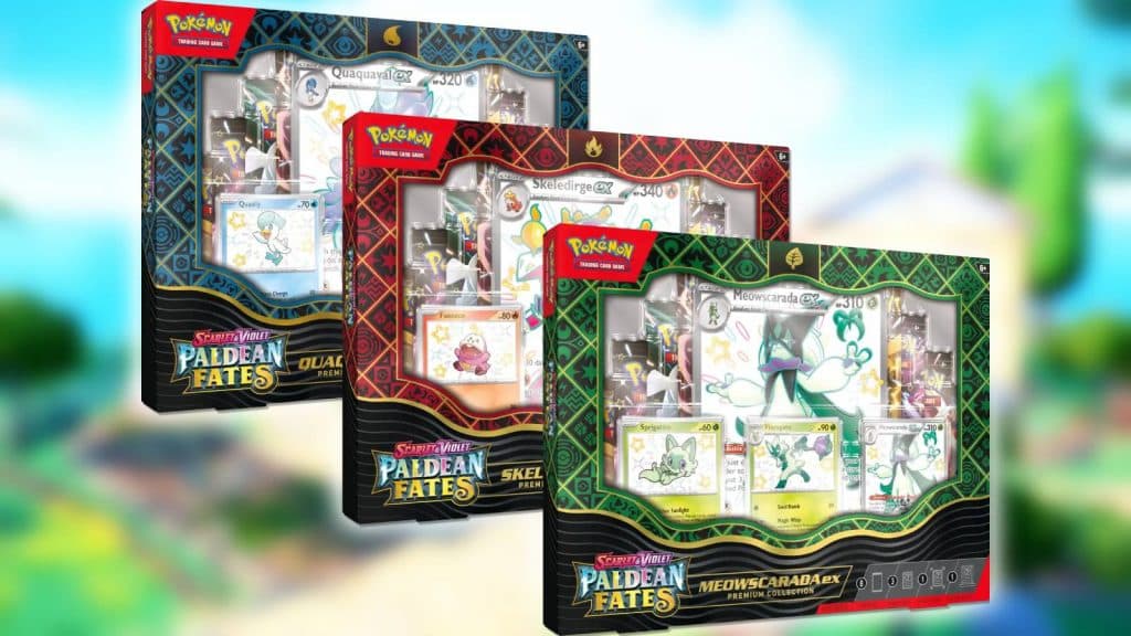 The Pokemon TCG Paldean Fates Premium Collection appears against a blurred background