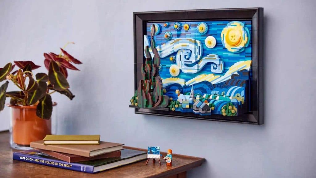 The LEGO Ideas Vincent van Gogh The Starry Night on display against a wall