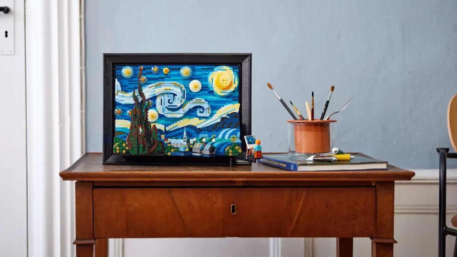 The LEGO Ideas Vincent van Gogh The Starry Night displayed on a table