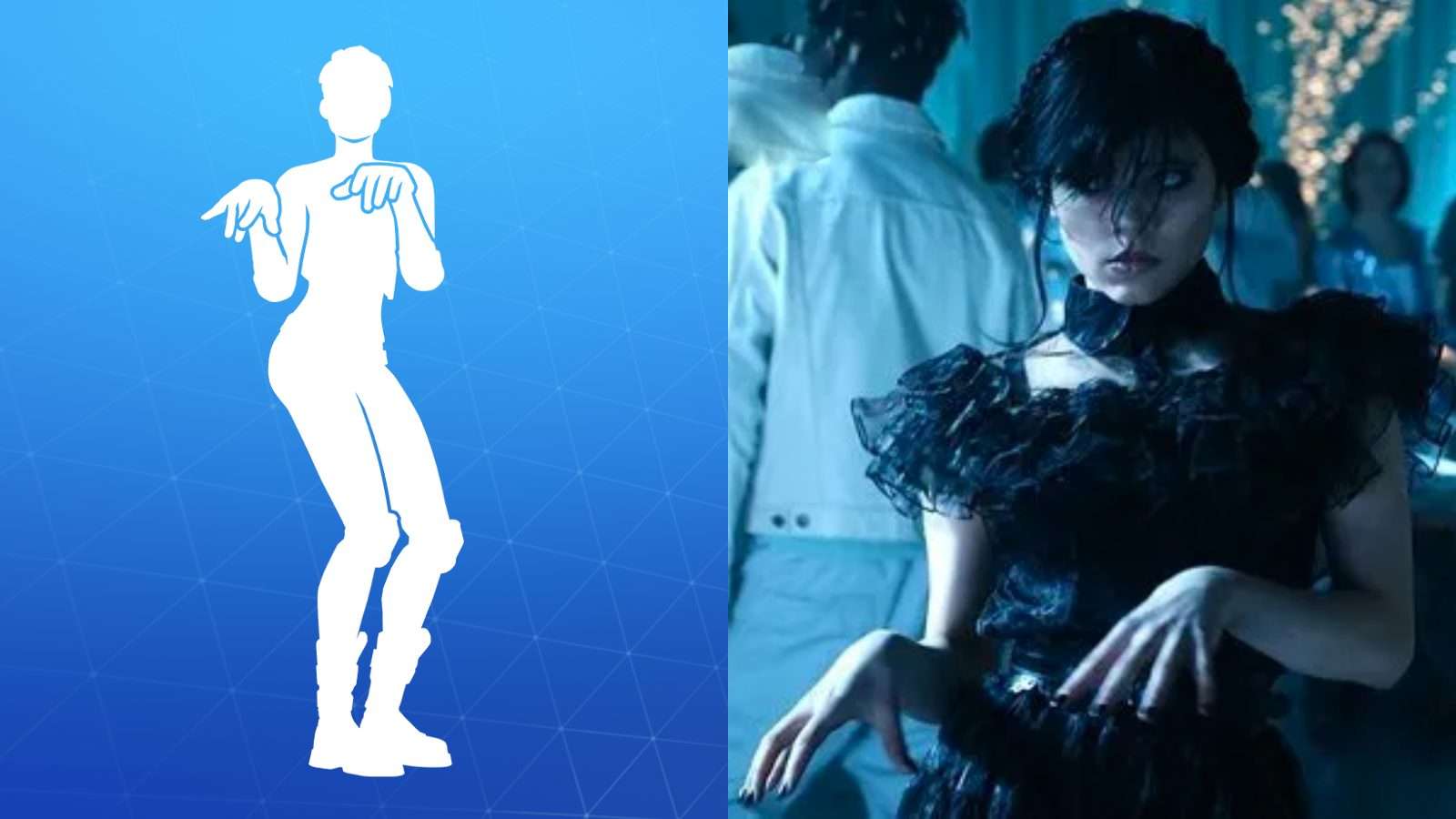 Fortnite Emote side by side comparison with Jenna Ortega performing the dance from Wednesday show.