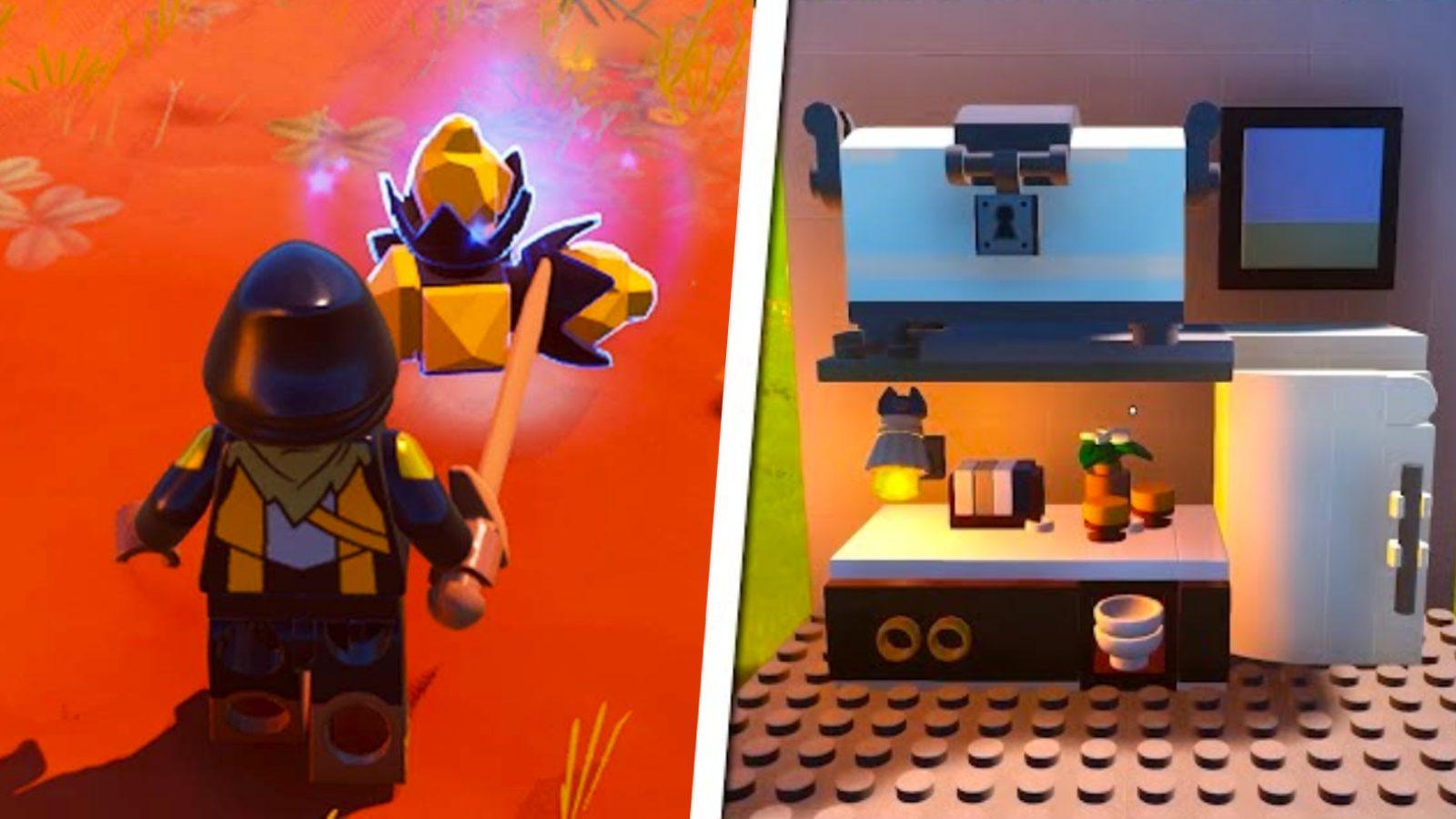 LEGO Fortnite player finding Brightcore and building a Fridge.