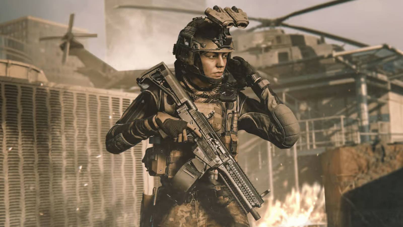 MW3 character using radio with helicopter in background