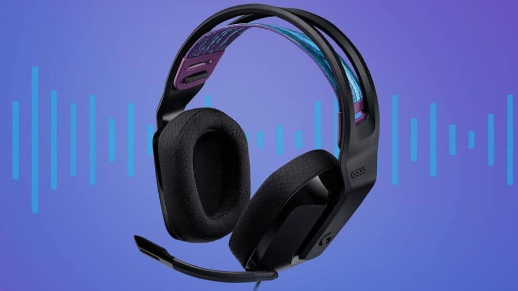 Image of the Logitech G335 Wired Gaming Headset on a purple background.