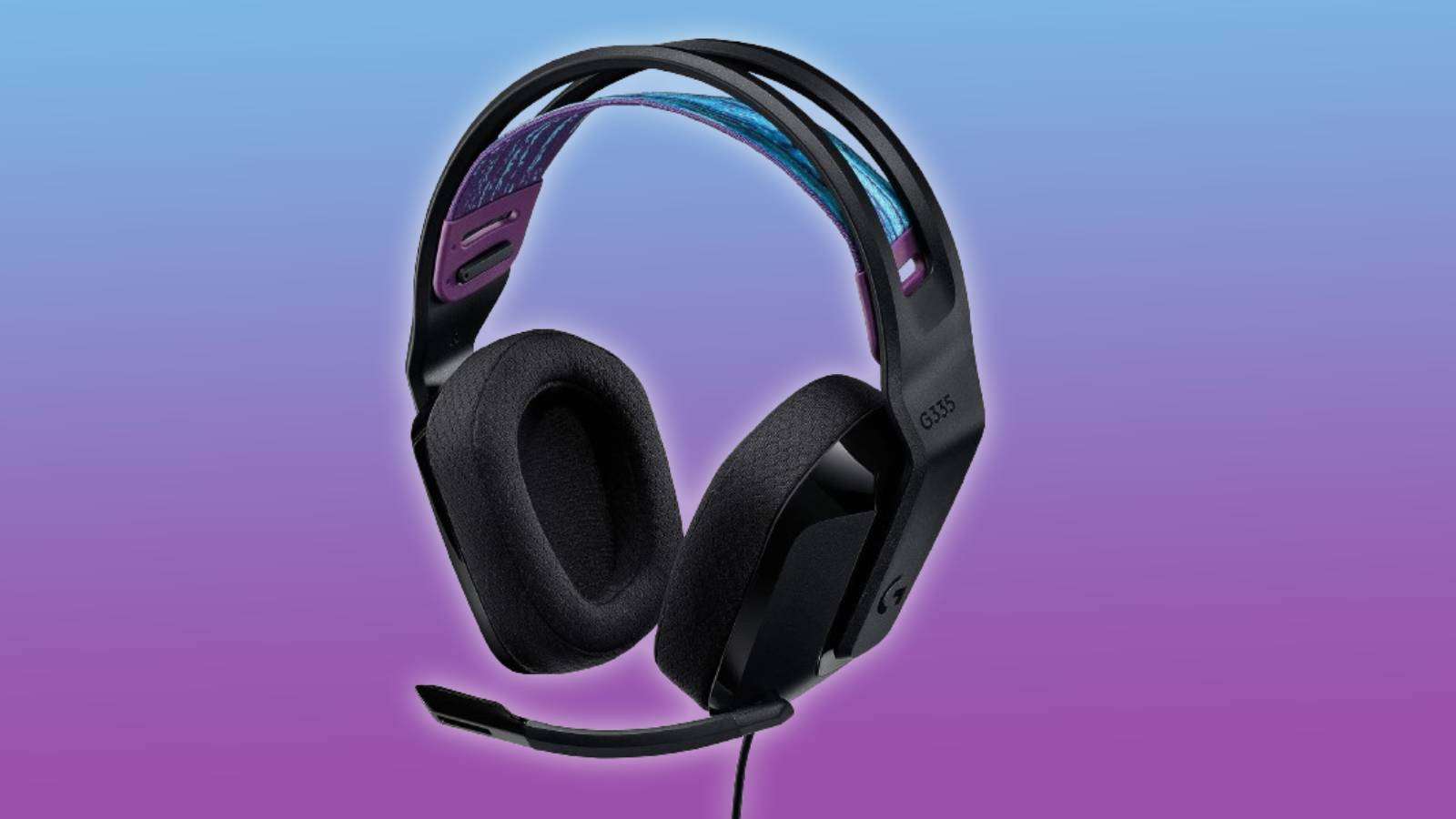 Image of the Logitech G335 Wired Gaming Headset on a purple and blue background.